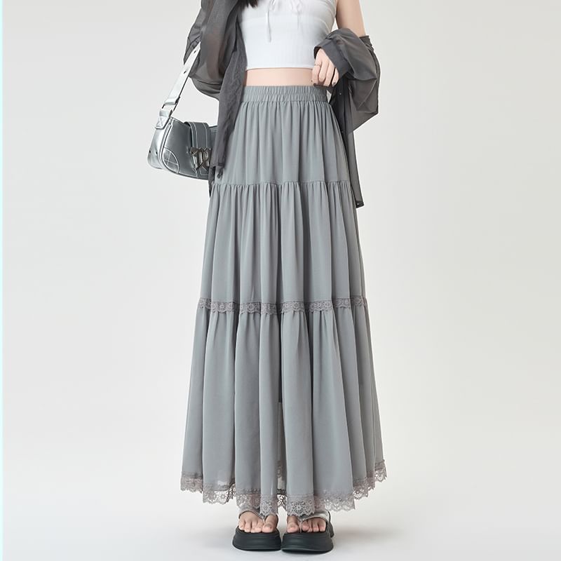 Waist Midi Skirt Plain Lace A-Line Trim Elastic Tiered