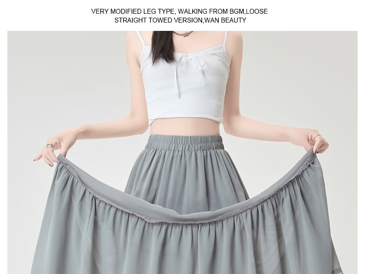 Waist Midi Skirt Plain Lace A-Line Trim Elastic Tiered