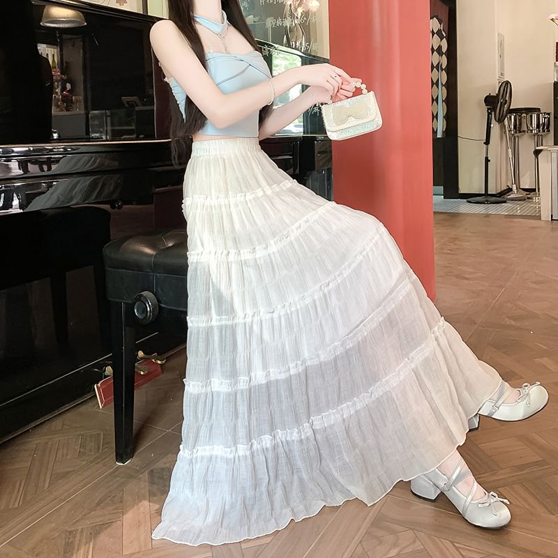 A-Line Tiered Waist Mesh Elastic Plain Skirt Midi