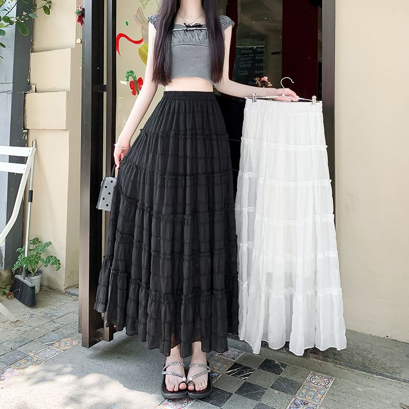 A-Line Tiered Waist Mesh Elastic Plain Skirt Midi