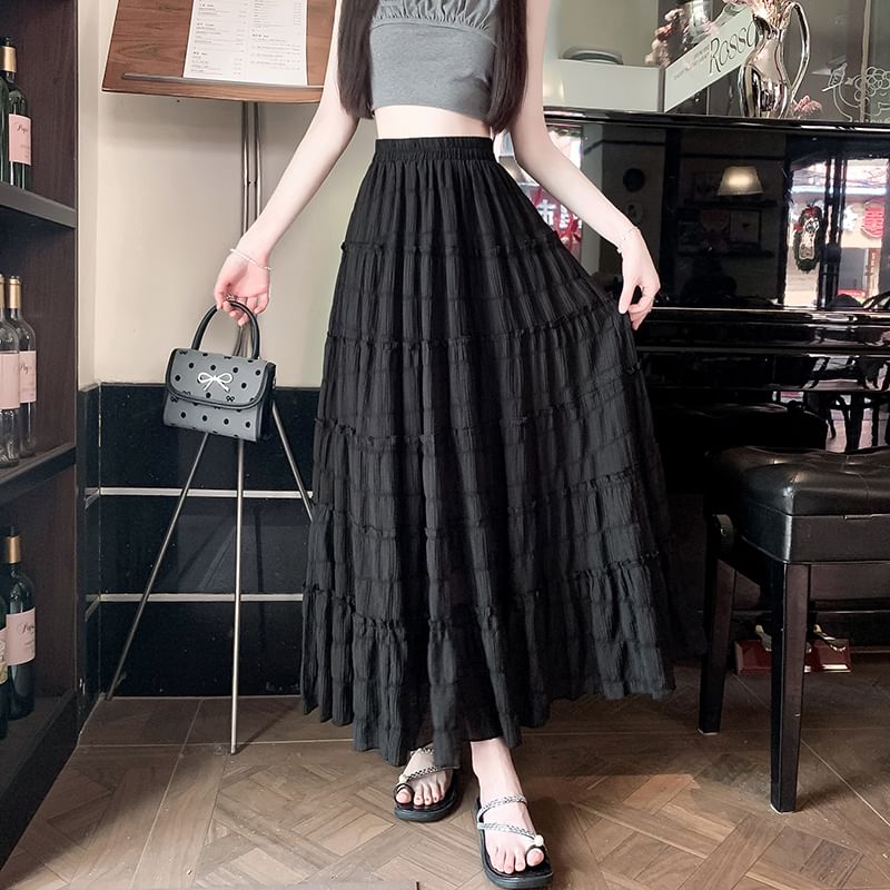 A-Line Tiered Waist Mesh Elastic Plain Skirt Midi