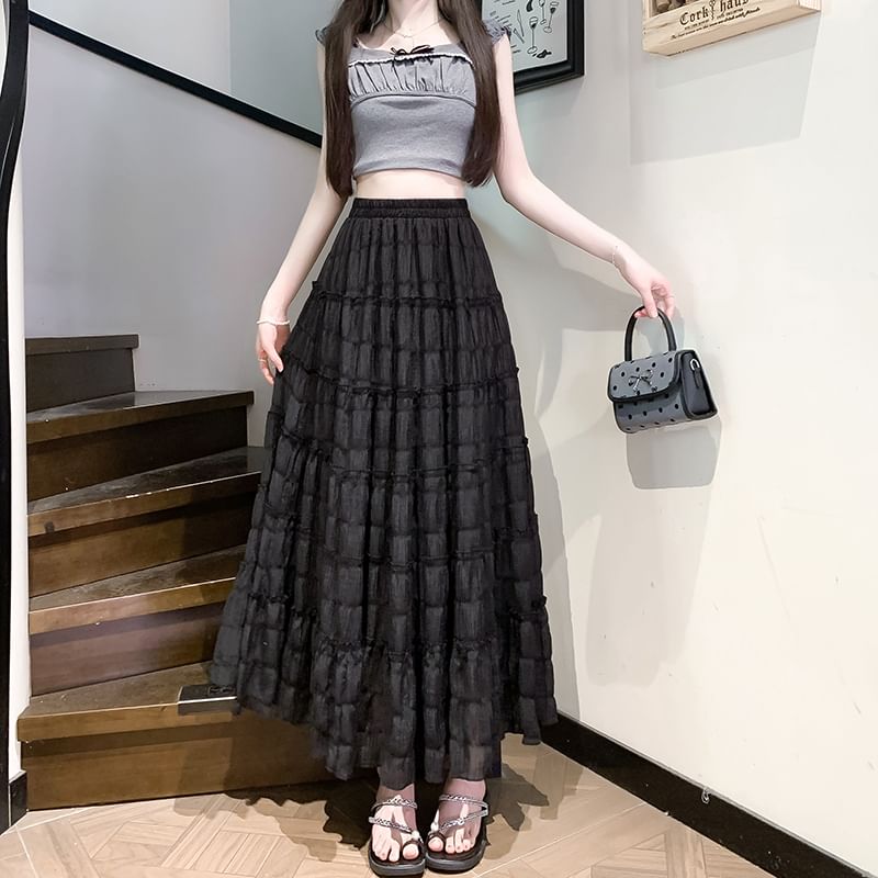 A-Line Tiered Waist Mesh Elastic Plain Skirt Midi