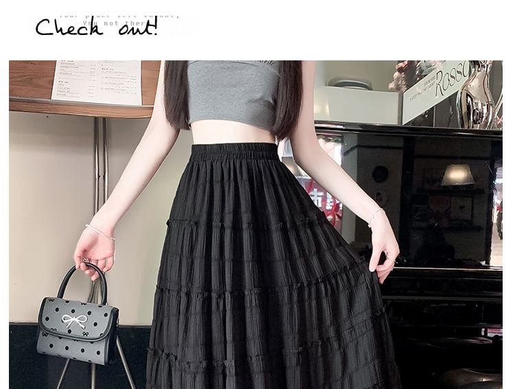 A-Line Tiered Waist Mesh Elastic Plain Skirt Midi