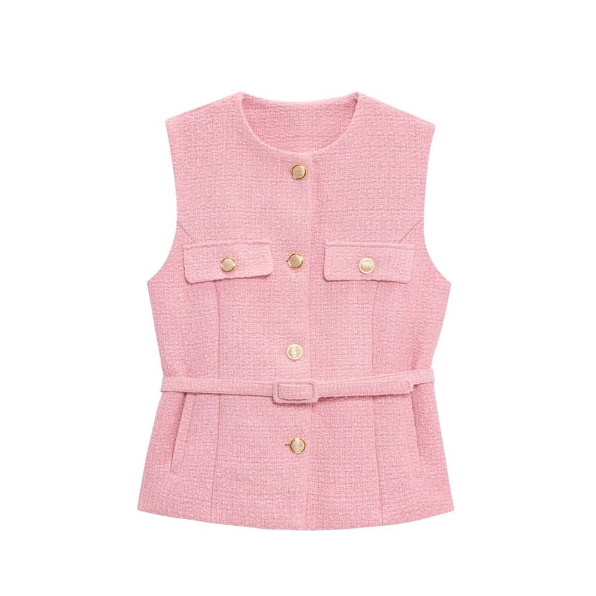 Round Neck Tweed Button Vest