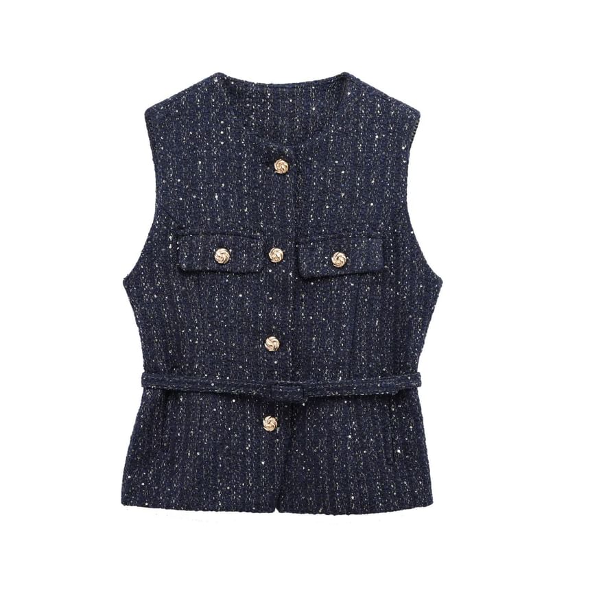 Round Neck Tweed Button Vest