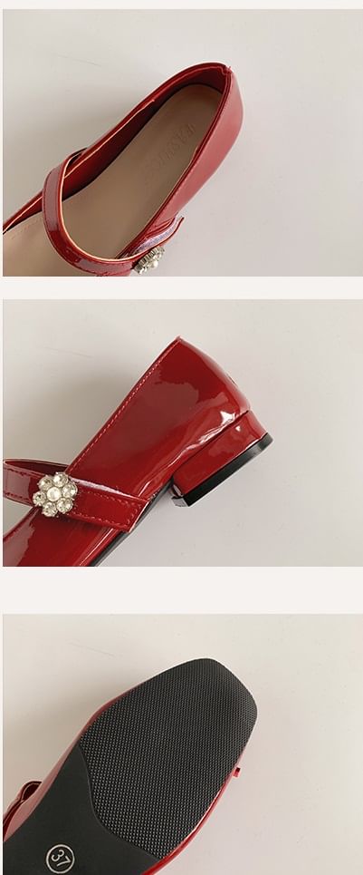 Jane Leather Mary Toe Low Faux Pumps Bow Square Heel