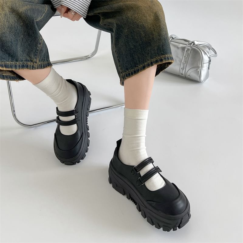 Strap Adhesive Faux Platform Jane Shoes Leather Mary
