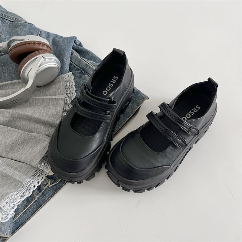 Strap Adhesive Faux Platform Jane Shoes Leather Mary