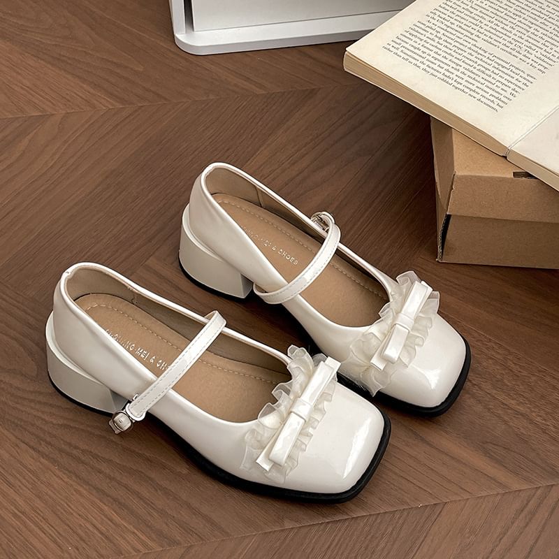 Square Jane Heel Trim Pumps Mary Bow Frill Toe Chunky