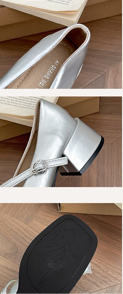 Square Jane Heel Trim Pumps Mary Bow Frill Toe Chunky