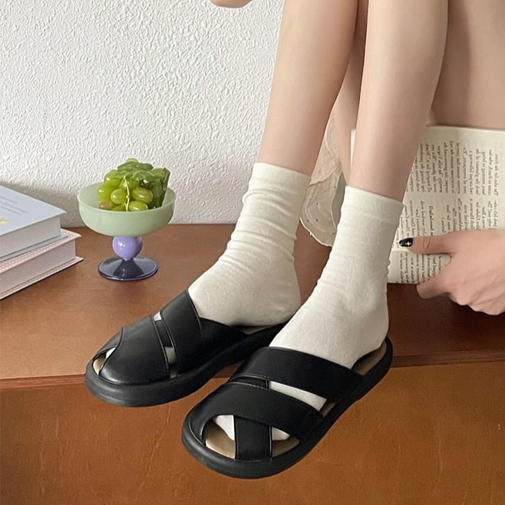 Plain Platform Faux Leather Sandals Cutout