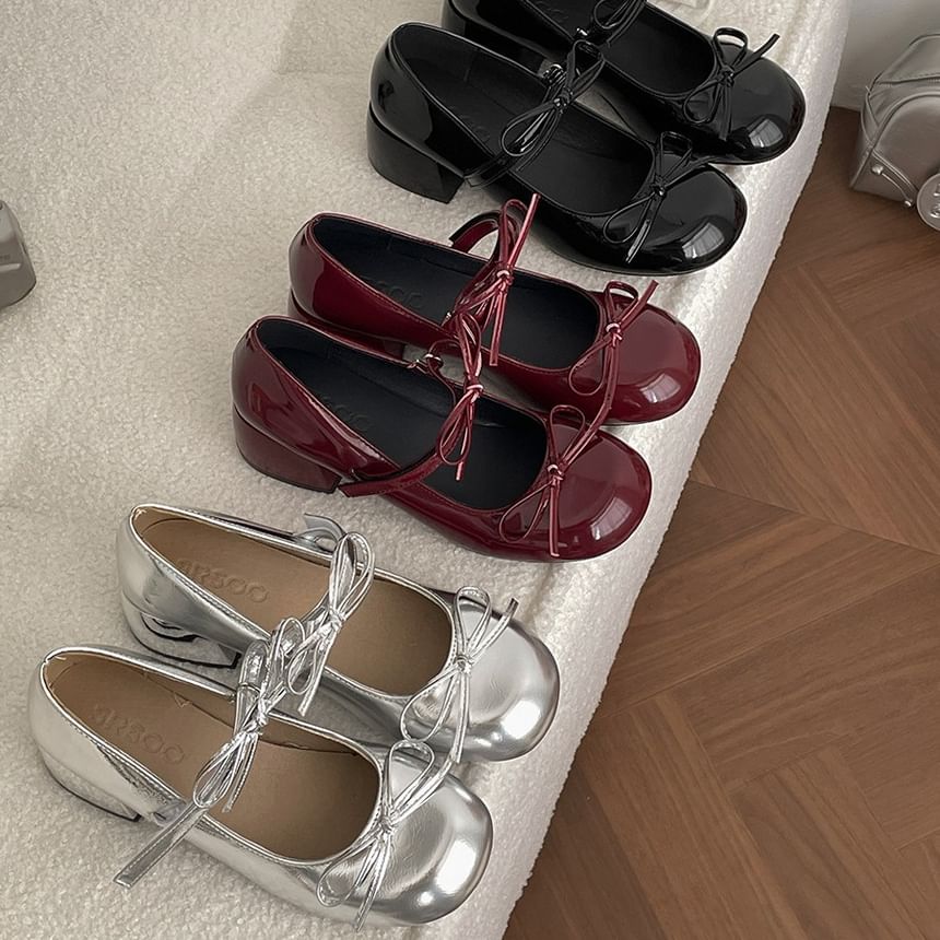 Pumps Heel Chunky Bow Leather Mary Faux Jane