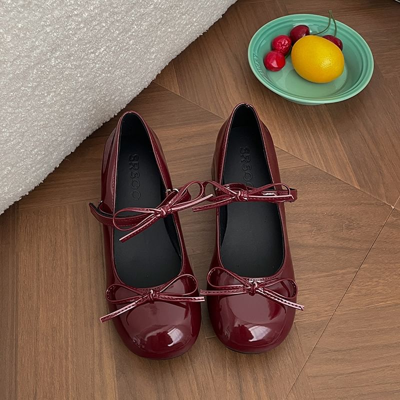 Pumps Heel Chunky Bow Leather Mary Faux Jane