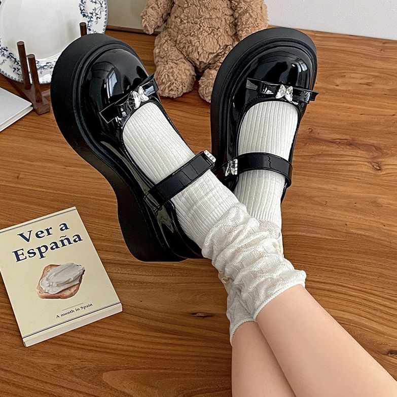 Butterfly Mary Patent Bow Leather Shoes Jane Platform