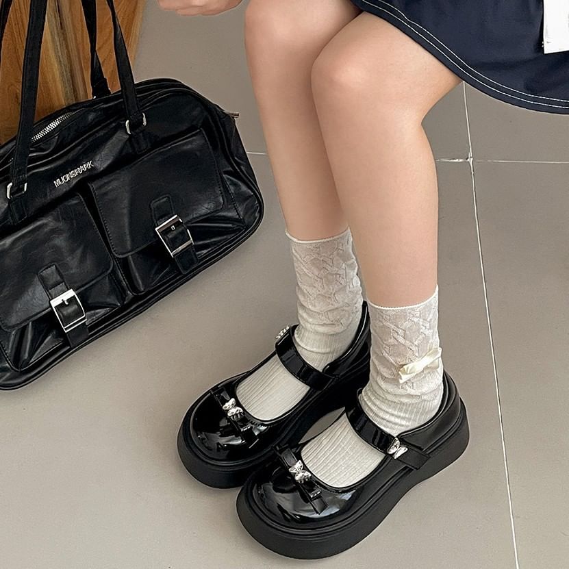 Butterfly Mary Patent Bow Leather Shoes Jane Platform