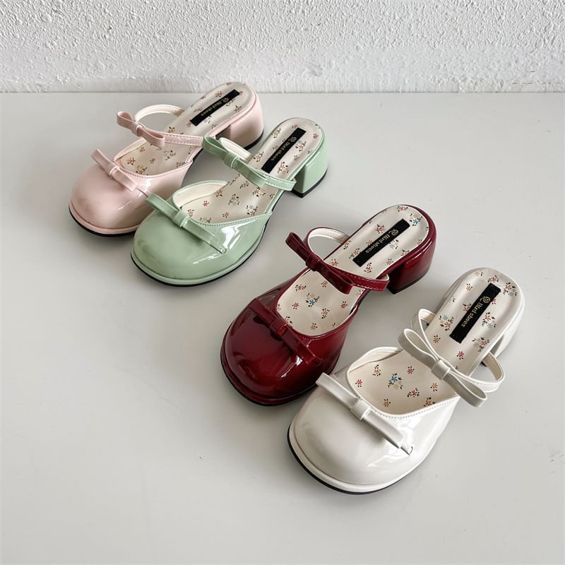 Patent Chunky Leather Sandals Heel Bow