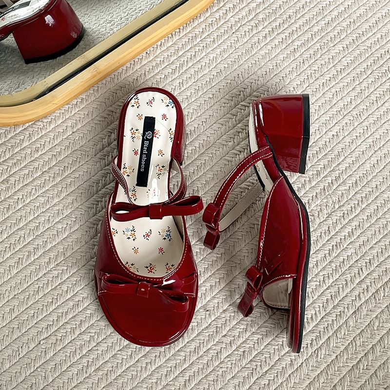 Patent Chunky Leather Sandals Heel Bow
