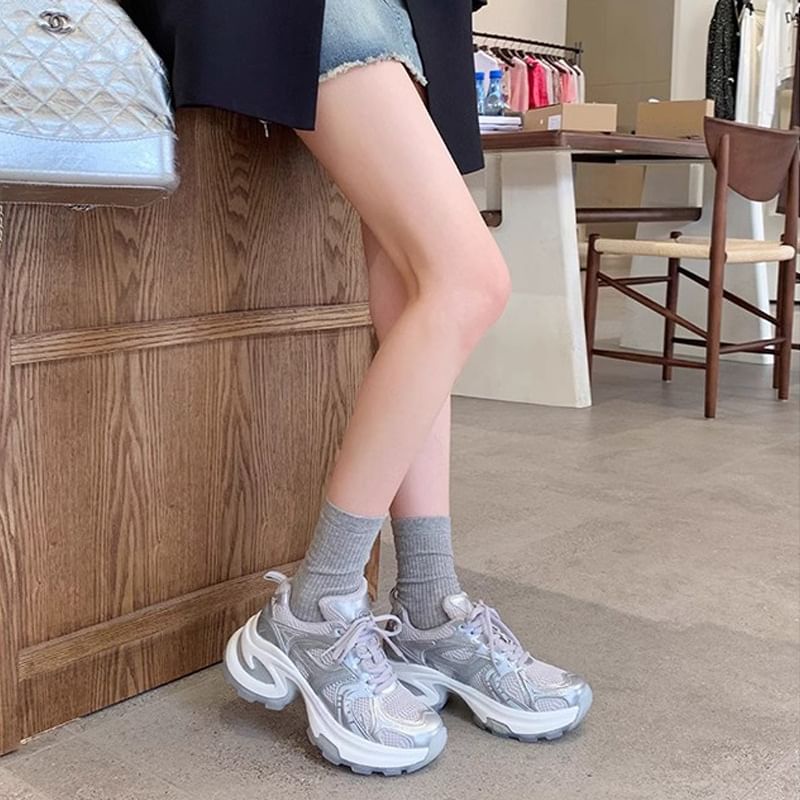 Platform Leather Lace-Up Mesh Sneakers Panel Genuine