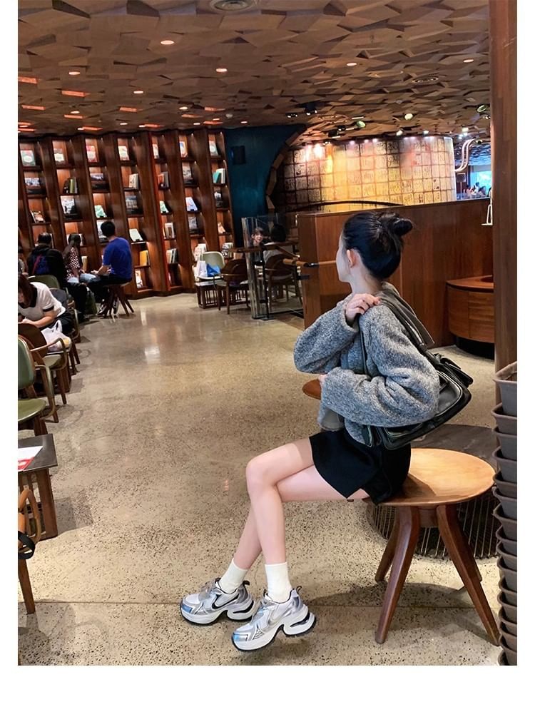 Platform Leather Lace-Up Mesh Sneakers Panel Genuine