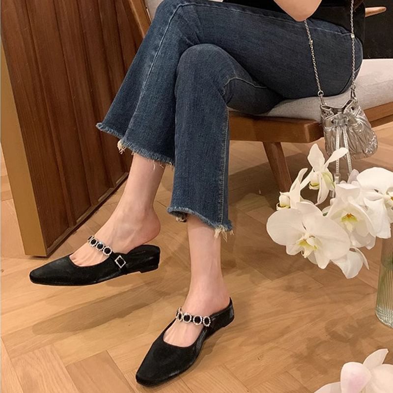 Mary Jane Mules Rhinestone Faux Hidden Leather Wedge