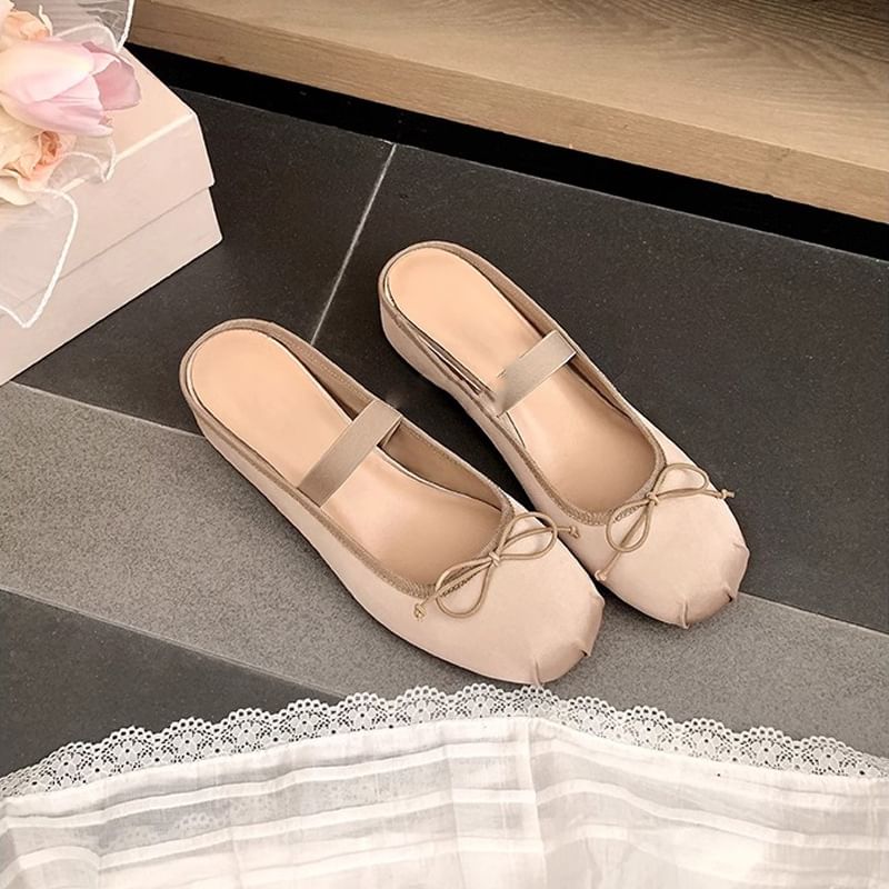 Mary Toe Round Mules Bow Satin Wedge Jane Hidden