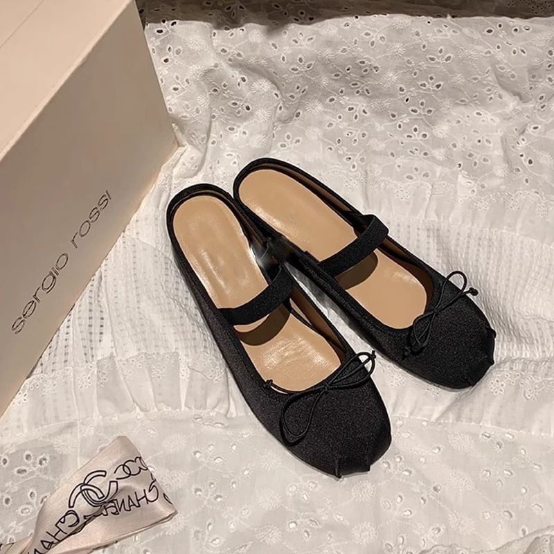 Mary Toe Round Mules Bow Satin Wedge Jane Hidden