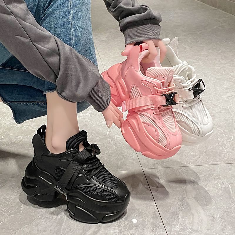 Buckled Lace-Up Mesh Platform Sneakers