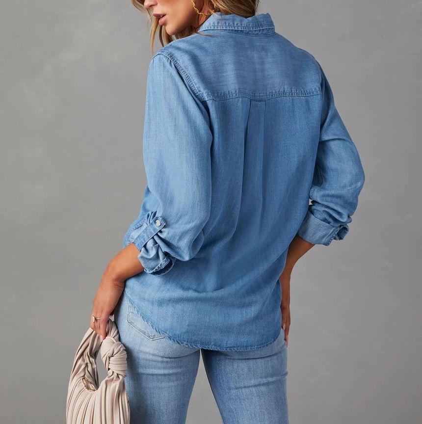 Denim V-Neck Shirt Sleeve Long Loose-Fit