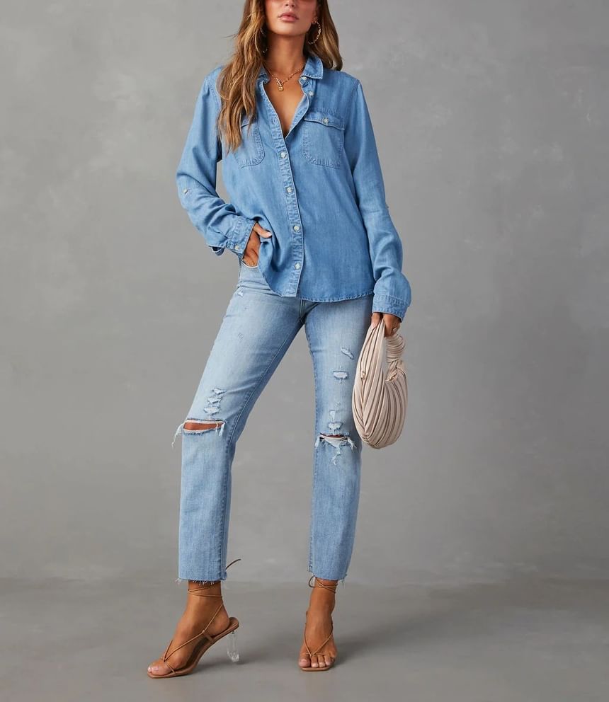 Denim V-Neck Shirt Sleeve Long Loose-Fit