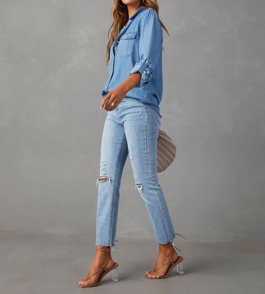 Denim V-Neck Shirt Sleeve Long Loose-Fit