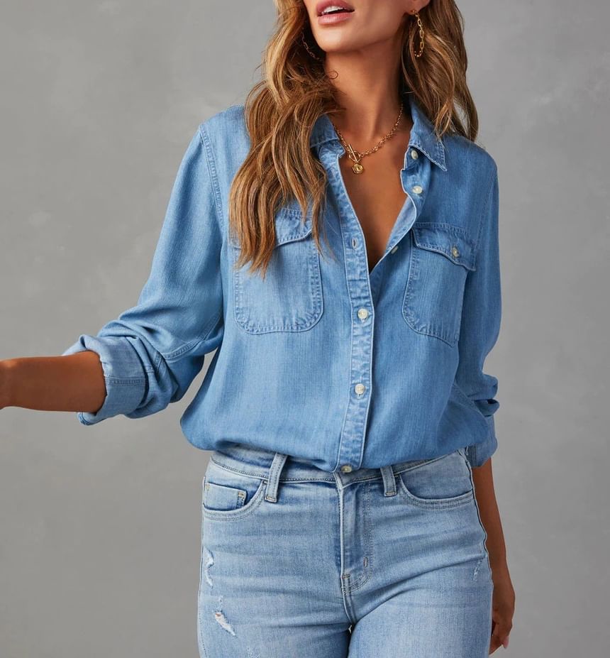Denim V-Neck Shirt Sleeve Long Loose-Fit