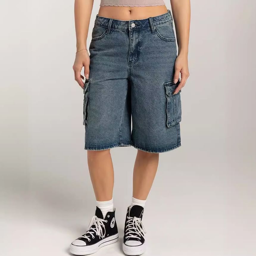 Low Shorts Waist Wide-Leg Pocket Denim Washed