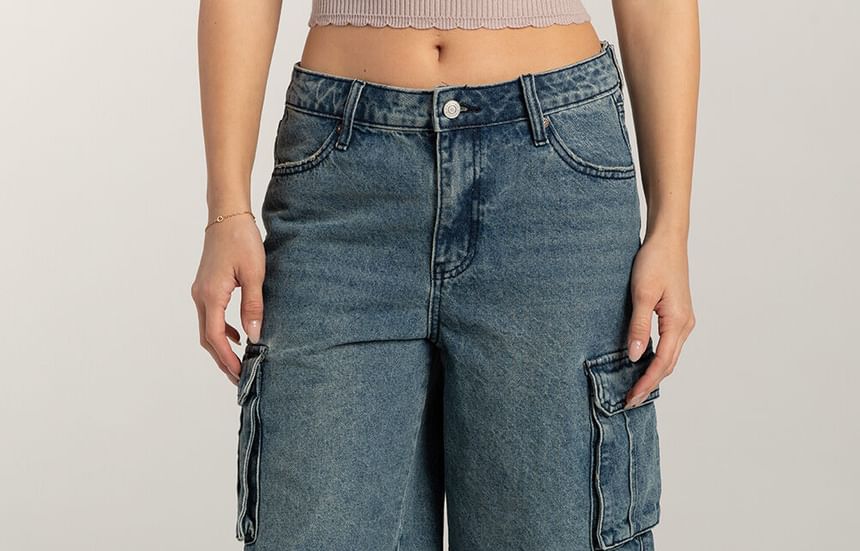 Pocket Denim Wide-Leg Waist Shorts Washed Low