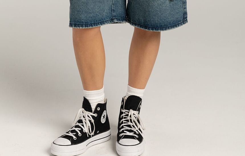 Pocket Denim Wide-Leg Waist Shorts Washed Low