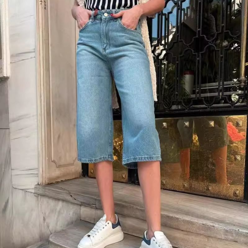 Denim Waist Washed Low Shorts Pocket Straight-Leg