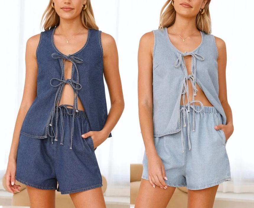 Shorts High Tie-Front + Denim Mini Top V-Neck Wide-Leg Waist Set: Tank