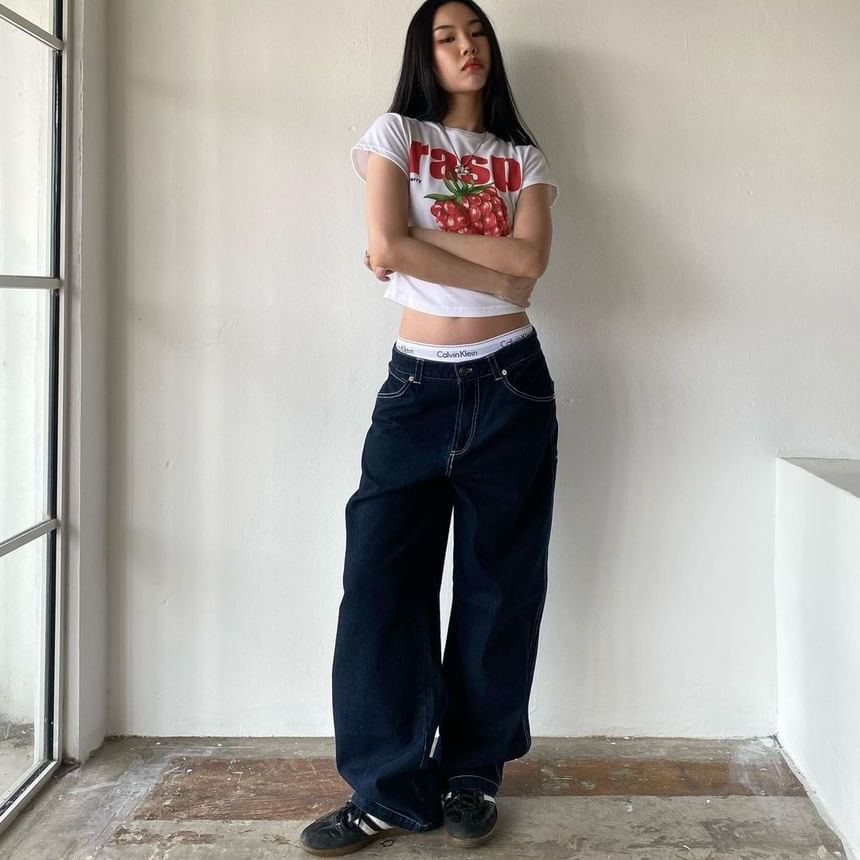 Washed Wide-Leg Loose-Fit Rise Low Jeans