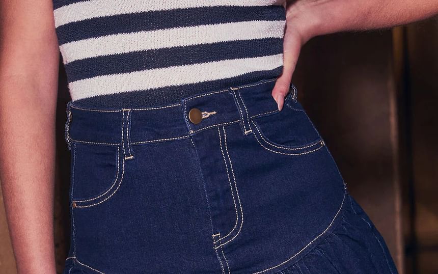 Sleeve Cropped Zip-Up Mini Denim Washed High Jacket Long Waist /