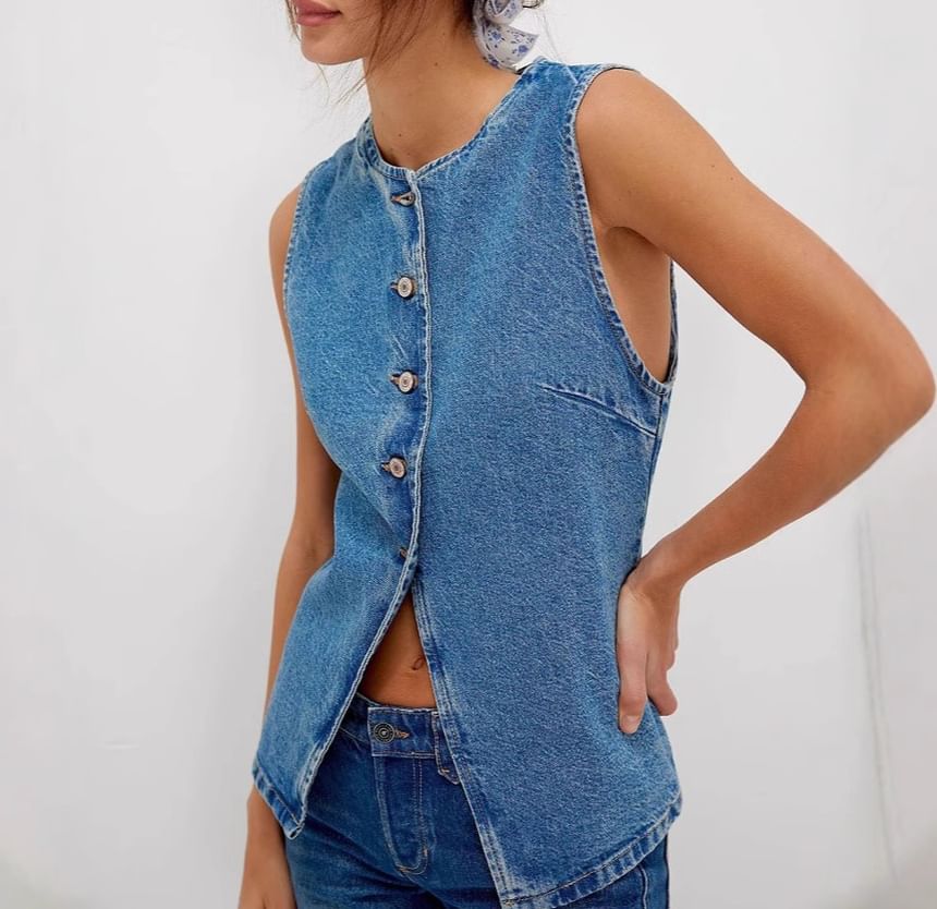 Button-Up Washed Denim Top Tank Slim-Fit