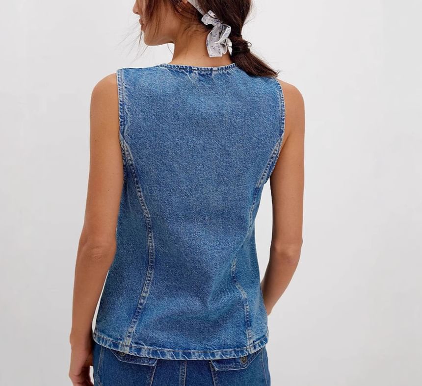 Button-Up Tank Slim-Fit Washed Denim Top