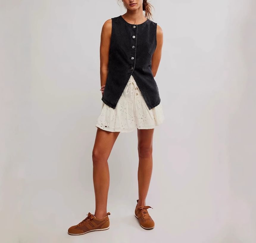 Button-Up Tank Slim-Fit Washed Denim Top