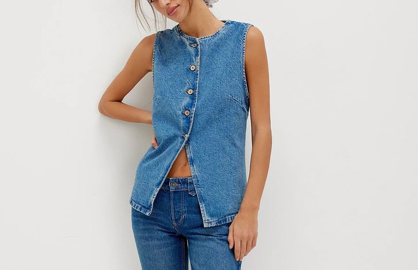 Button-Up Washed Denim Top Tank Slim-Fit