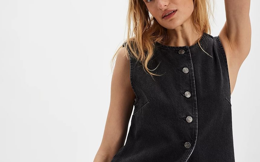 Button-Up Washed Denim Top Tank Slim-Fit