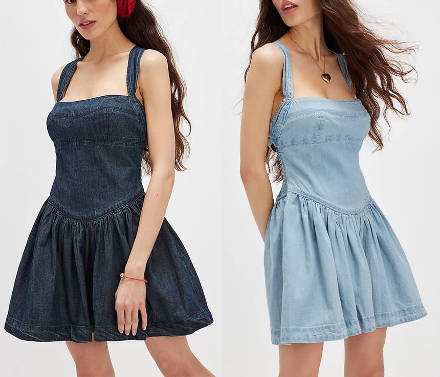 Sleeveless Square-Neck Washed Slim-Fit Mini Denim Dress
