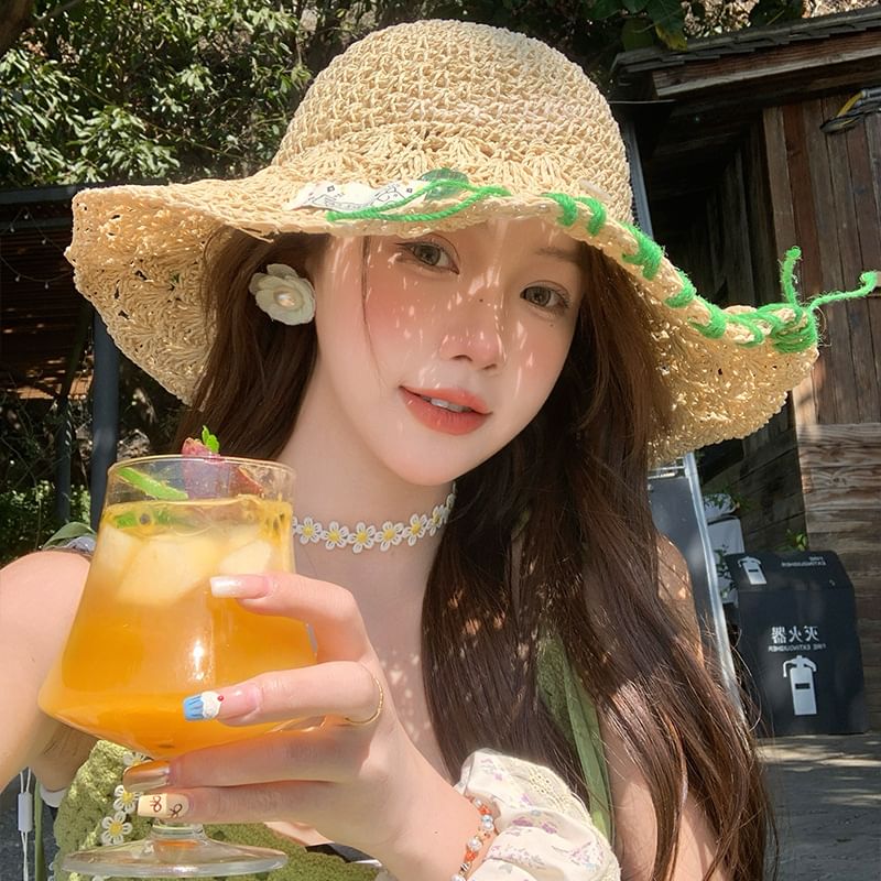 Contrast Sun Stitching Hat Straw