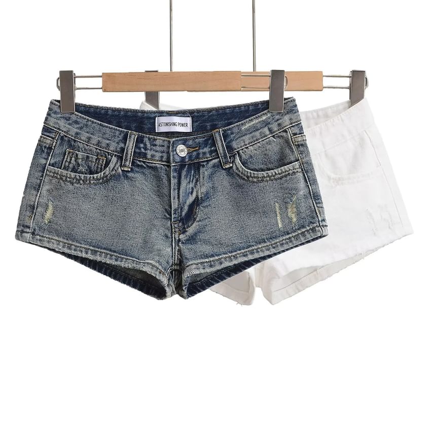 Low Waist Washed Distressed Denim Hot Pants