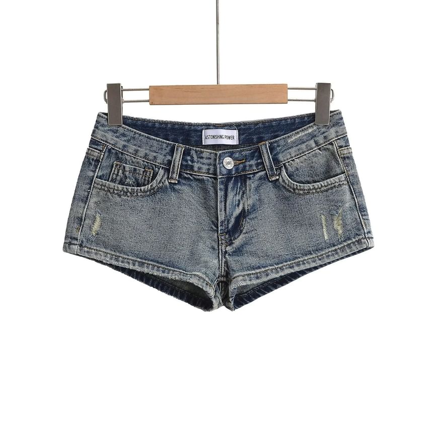 Low Waist Washed Distressed Denim Hot Pants
