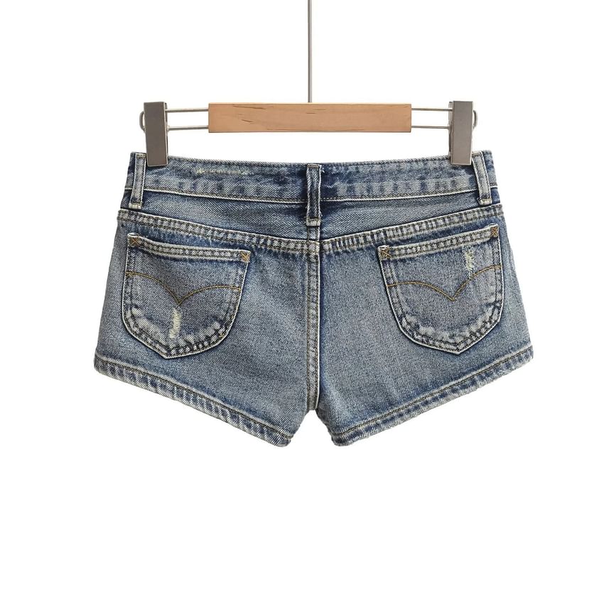 Low Waist Washed Distressed Denim Hot Pants