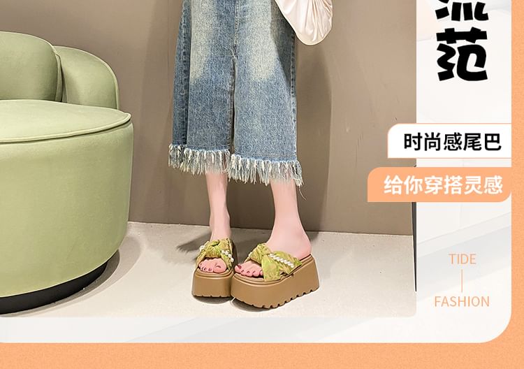 Sandals Knot Patterned Pearl Platform Slide Faux