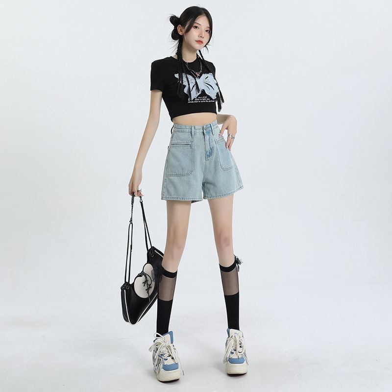 High Waist Washed Denim Shorts